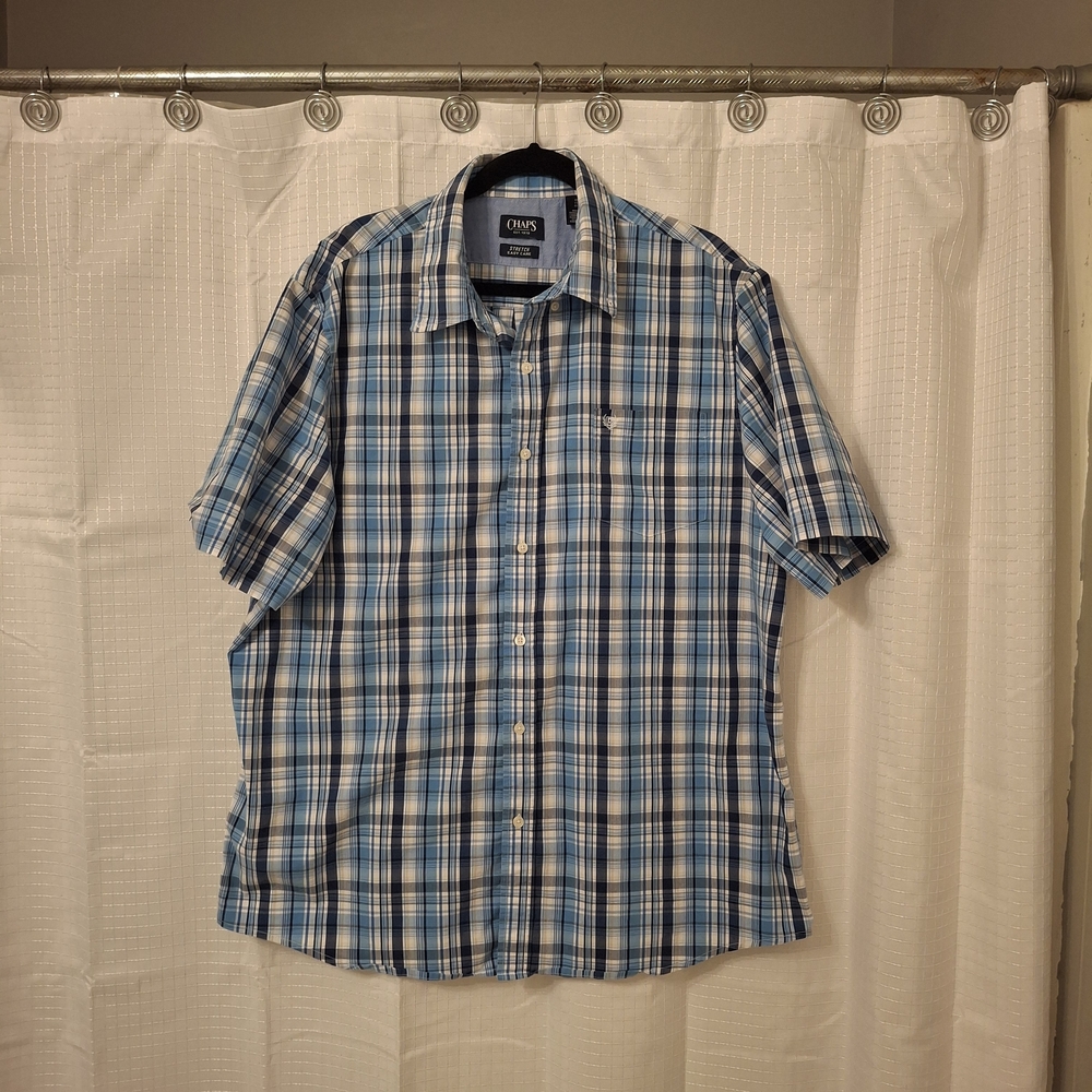 Chaps Plaid Short-Sleeve Button-Down Shirt - Blue/White